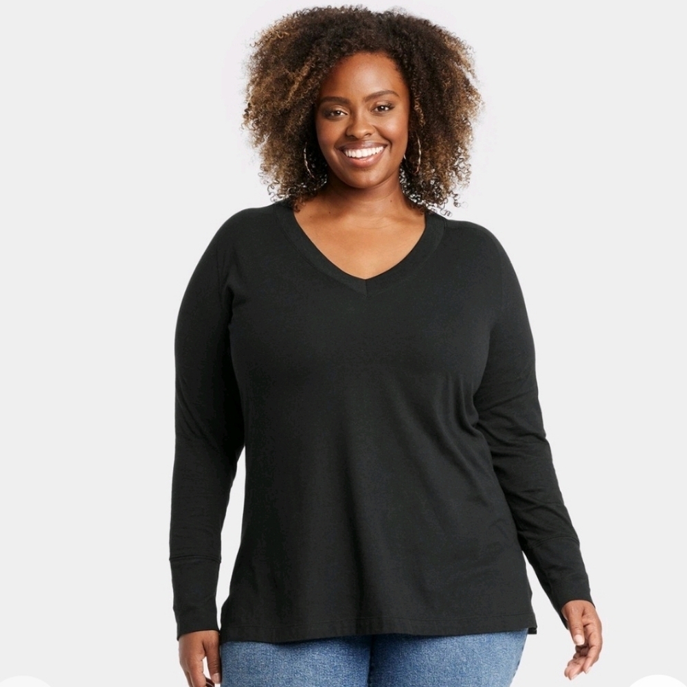 Women's Long Sleeve V-Neck T-Shirt - Ava & Viv Black 1X